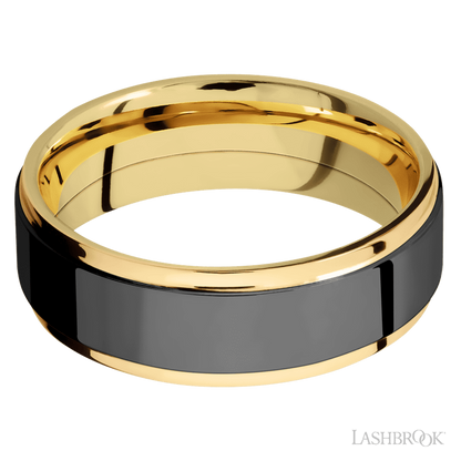 7 mm wide/Flat Grooved Edges/14K Yellow Gold band with one 5 mm Raised Centered inlay of Zirconium.