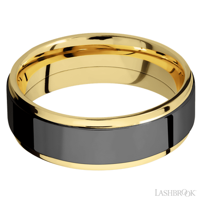 7 mm wide/Flat Grooved Edges/14K Yellow Gold band with one 5 mm Raised Centered inlay of Zirconium.