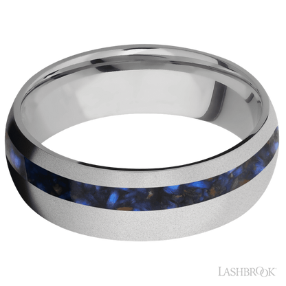7 mm wide/Domed/Titanium band with one 2 mm Off Center inlay of Blue Tiger Eye.