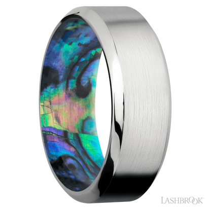 8 mm wide High Bevel Cobalt Chrome band featuring a Abalone sleeve.