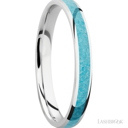 3 mm wide/Domed/Cobalt Chrome band with one 2 mm Centered inlay of Turquoise.