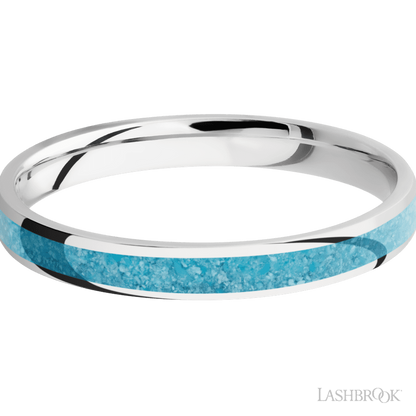 3 mm wide/Domed/Cobalt Chrome band with one 2 mm Centered inlay of Turquoise.