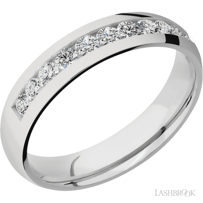 5 mm wide/Domed/Cobalt Chrome band with a Half Eternity arrangement of .07 carat Round Diamond stones in a Channel setting.
