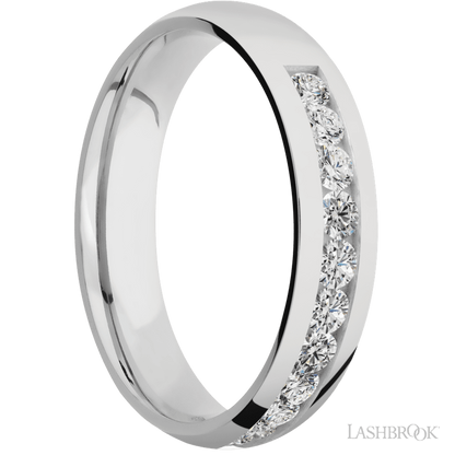 5 mm wide/Domed/Cobalt Chrome band with a Half Eternity arrangement of .07 carat Round Diamond stones in a Channel setting.