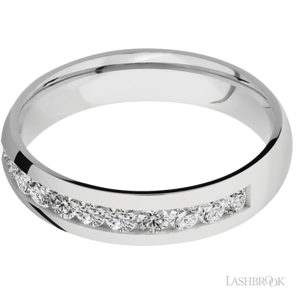 5 mm wide/Domed/Cobalt Chrome band with a Half Eternity arrangement of .07 carat Round Diamond stones in a Channel setting.