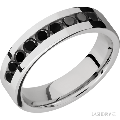 6 mm wide/Flat/Cobalt Chrome band with an  arrangement of 9, .1 carat Round Black Diamond stones in a Channel setting.