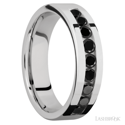 6 mm wide/Flat/Cobalt Chrome band with an  arrangement of 9, .1 carat Round Black Diamond stones in a Channel setting.