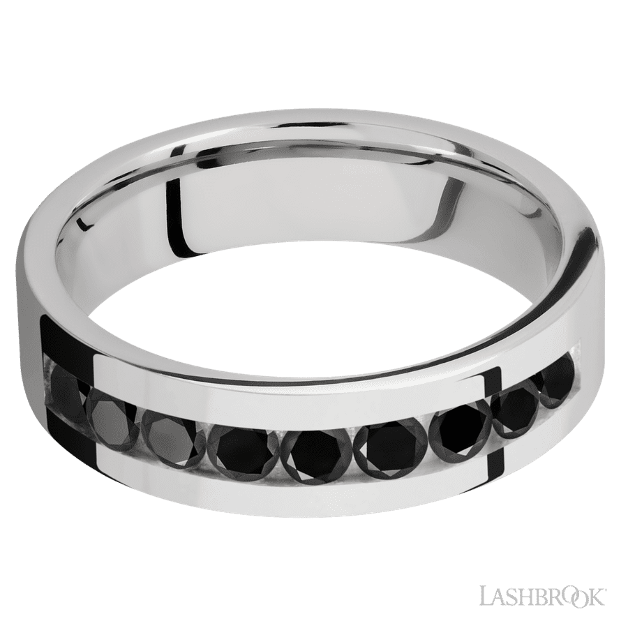 6 mm wide/Flat/Cobalt Chrome band with an  arrangement of 9, .1 carat Round Black Diamond stones in a Channel setting.