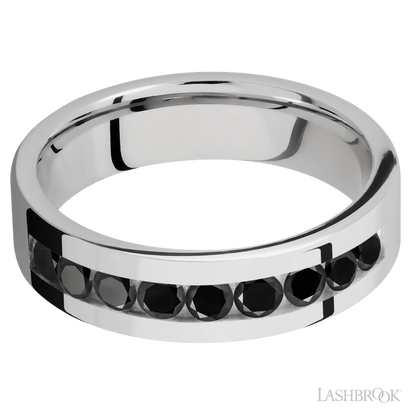 6 mm wide/Flat/Cobalt Chrome band with an  arrangement of 9, .1 carat Round Black Diamond stones in a Channel setting.