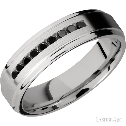 6 mm wide/Flat Grooved Edges/Cobalt Chrome band with an  arrangement of 9, .03 carat Round Black Diamond stones in a Channel setting.