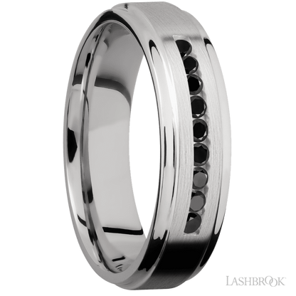 6 mm wide/Flat Grooved Edges/Cobalt Chrome band with an  arrangement of 9, .03 carat Round Black Diamond stones in a Channel setting.