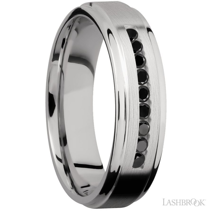 6 mm wide/Flat Grooved Edges/Cobalt Chrome band with an  arrangement of 9, .03 carat Round Black Diamond stones in a Channel setting.