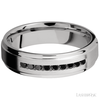 6 mm wide/Flat Grooved Edges/Cobalt Chrome band with an  arrangement of 9, .03 carat Round Black Diamond stones in a Channel setting.