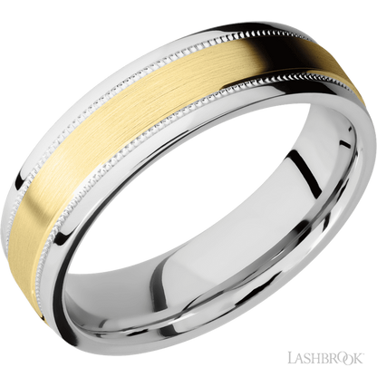 6 mm wide/Flat Stepped Edges Milgrain/Cobalt Chrome band with one 3 mm Raised Centered inlay of 14K Yellow Gold.