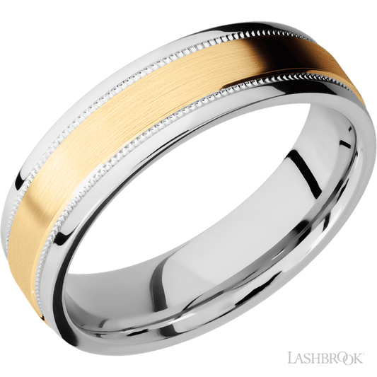 6 mm wide/Flat Stepped Edges Milgrain/Cobalt Chrome band with one 3 mm Raised Centered inlay of 14K Yellow Gold.