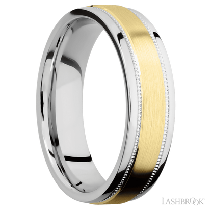 6 mm wide/Flat Stepped Edges Milgrain/Cobalt Chrome band with one 3 mm Raised Centered inlay of 14K Yellow Gold.
