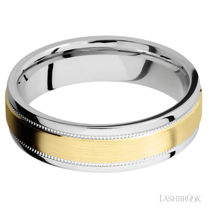 6 mm wide/Flat Stepped Edges Milgrain/Cobalt Chrome band with one 3 mm Raised Centered inlay of 14K Yellow Gold.