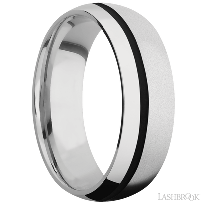 7 mm wide/Domed/Cobalt Chrome band with one 1 mm Off Center inlay of Black.