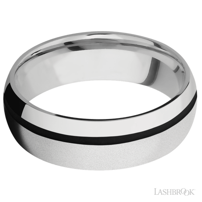 7 mm wide/Domed/Cobalt Chrome band with one 1 mm Off Center inlay of Black.