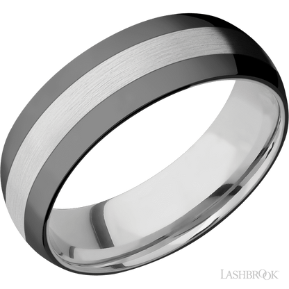 7 mm wide/Domed/Cobalt Chrome band with two 2 mm Double Off Center Edge inlays of Zirconium.