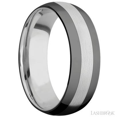 7 mm wide/Domed/Cobalt Chrome band with two 2 mm Double Off Center Edge inlays of Zirconium.