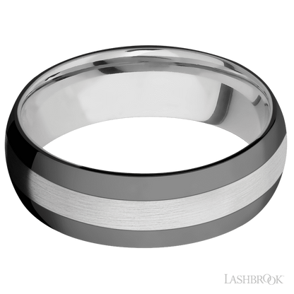 7 mm wide/Domed/Cobalt Chrome band with two 2 mm Double Off Center Edge inlays of Zirconium.