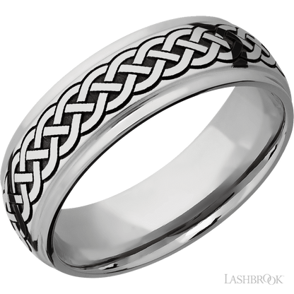 7 mm wide/Domed Stepped Down Edges/Cobalt Chrome band with a laser carved Celtic 9 pattern.