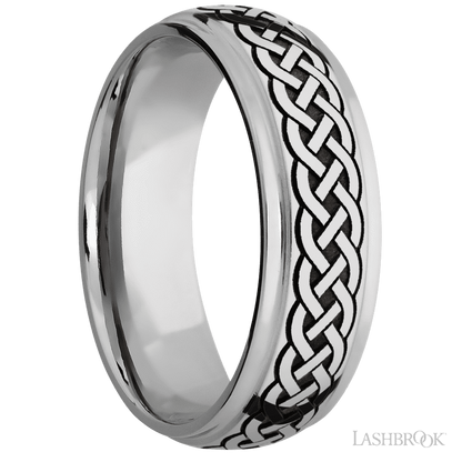7 mm wide/Domed Stepped Down Edges/Cobalt Chrome band with a laser carved Celtic 9 pattern.