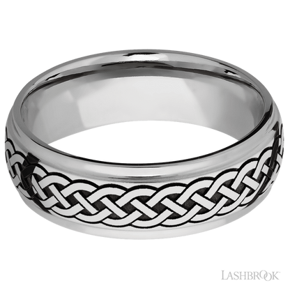 7 mm wide/Domed Stepped Down Edges/Cobalt Chrome band with a laser carved Celtic 9 pattern.