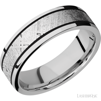 7 mm wide/Flat/Cobalt Chrome band with one 4 mm Centered inlay of Meteorite.