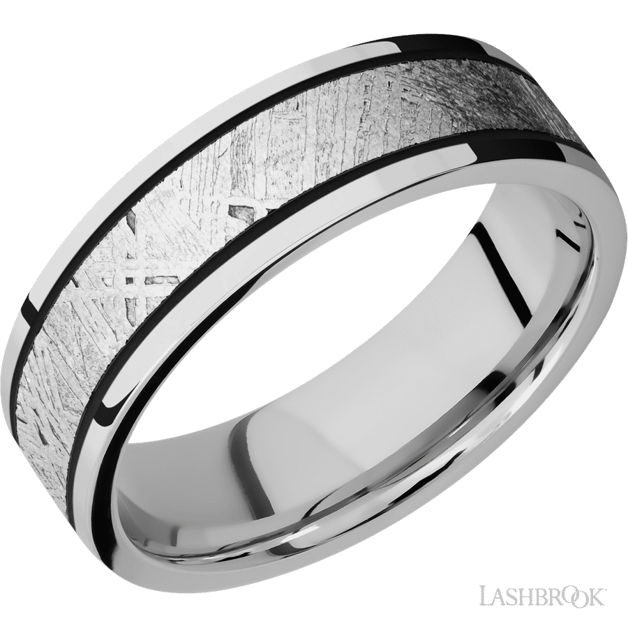 7 mm wide/Flat/Cobalt Chrome band with one 4 mm Centered inlay of Meteorite.