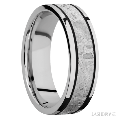 7 mm wide/Flat/Cobalt Chrome band with one 4 mm Centered inlay of Meteorite.
