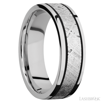 7 mm wide/Flat/Cobalt Chrome band with one 4 mm Centered inlay of Meteorite.