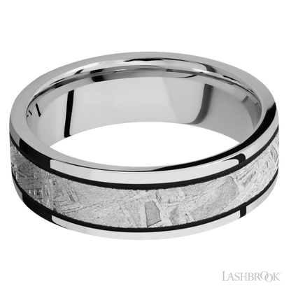 7 mm wide/Flat/Cobalt Chrome band with one 4 mm Centered inlay of Meteorite.