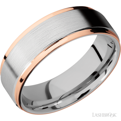 7 mm wide/Flat Grooved Edges/Cobalt Chrome band with two 1 mm Edge inlays of 14K Rose Gold.