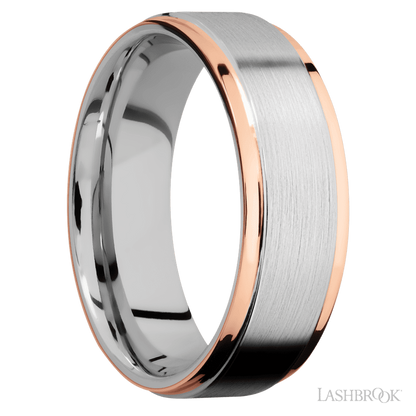 7 mm wide/Flat Grooved Edges/Cobalt Chrome band with two 1 mm Edge inlays of 14K Rose Gold.