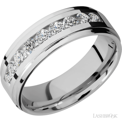 7 mm wide/Flat Grooved Edges/Cobalt Chrome band with an  arrangement of 9, .1 carat Round Diamond stones in a Channel setting.