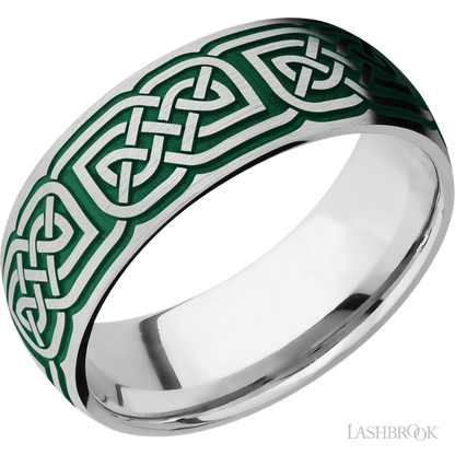 8 mm wide/Domed/Cobalt Chrome band with a laser carved Celtic 17 pattern.