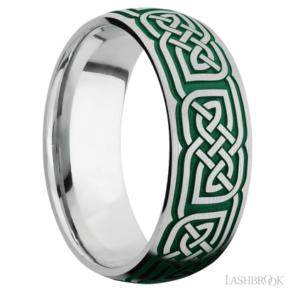 8 mm wide/Domed/Cobalt Chrome band with a laser carved Celtic 17 pattern.
