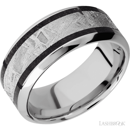 9 mm wide/High Bevel/Cobalt Chrome band featuring inlays of Dinosaur Bone Black and Meteorite.