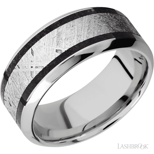 Lashbrook 9mm High Bevel Cobalt Chrome Wedding Band — Dinosaur Bone Black and Meteorite Inlay