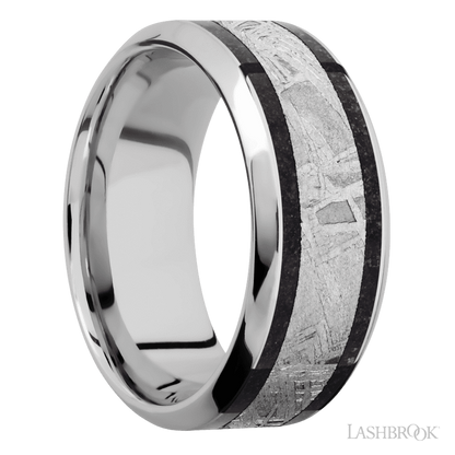 9 mm wide/High Bevel/Cobalt Chrome band featuring inlays of Dinosaur Bone Black and Meteorite.