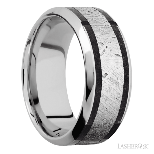 Lashbrook 9mm High Bevel Cobalt Chrome Wedding Band — Dinosaur Bone Black and Meteorite Inlay