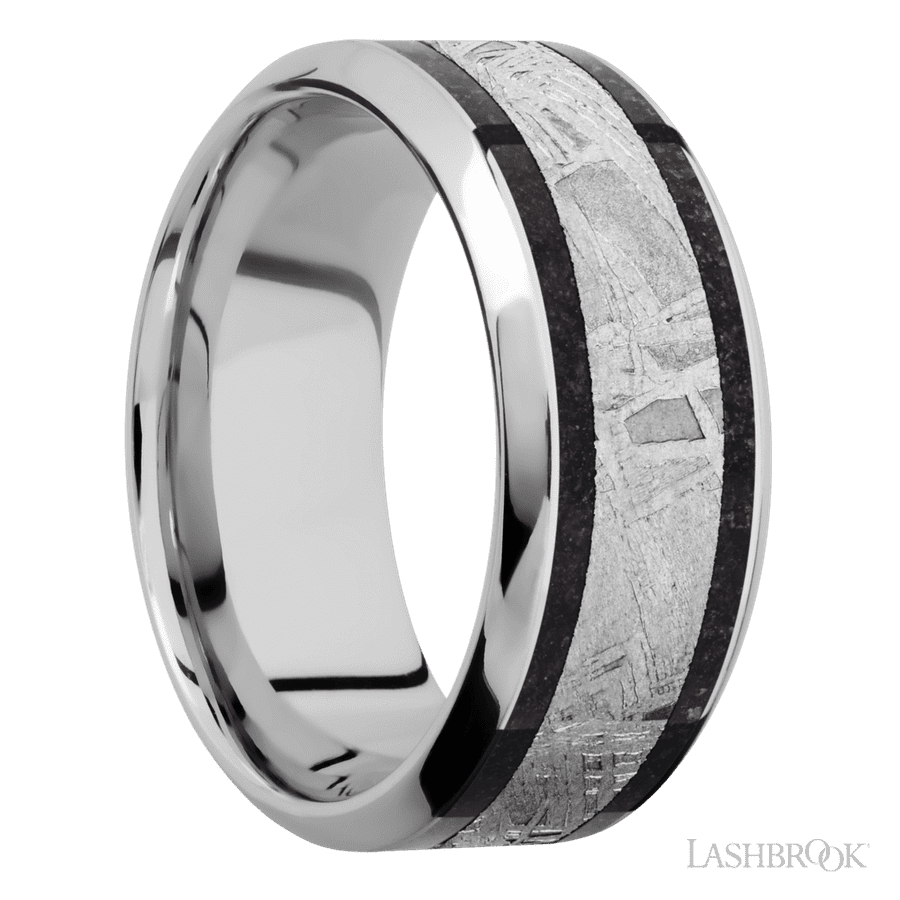 9 mm wide/High Bevel/Cobalt Chrome band featuring inlays of Dinosaur Bone Black and Meteorite.