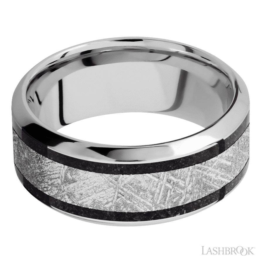 9 mm wide/High Bevel/Cobalt Chrome band featuring inlays of Dinosaur Bone Black and Meteorite.