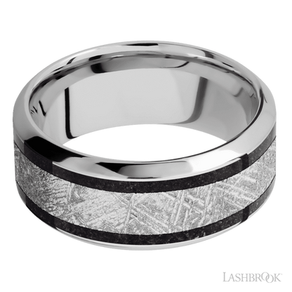 9 mm wide/High Bevel/Cobalt Chrome band featuring inlays of Dinosaur Bone Black and Meteorite.