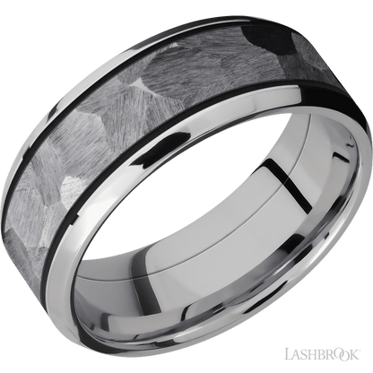 8 mm wide/Beveled/Cobalt Chrome band with one 5 mm Centered inlay of Tantalum.
