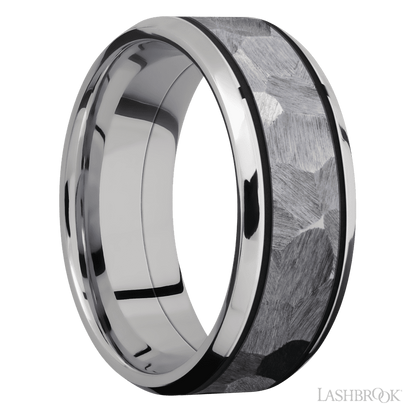 8 mm wide/Beveled/Cobalt Chrome band with one 5 mm Centered inlay of Tantalum.