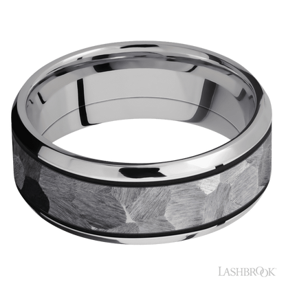 8 mm wide/Beveled/Cobalt Chrome band with one 5 mm Centered inlay of Tantalum.