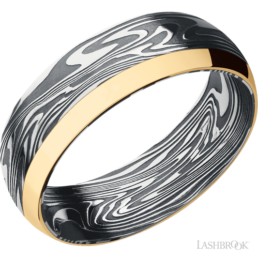 7 mm wide/Domed/Kinetic band with one 2 mm Off Center Edge inlay of 14K Yellow Gold.